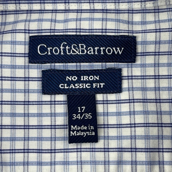 Croft & Barrow Button Up Shirt Mens 17 34/35 No Iron Classic Fit Blue Plaid - Picture 2 of 8